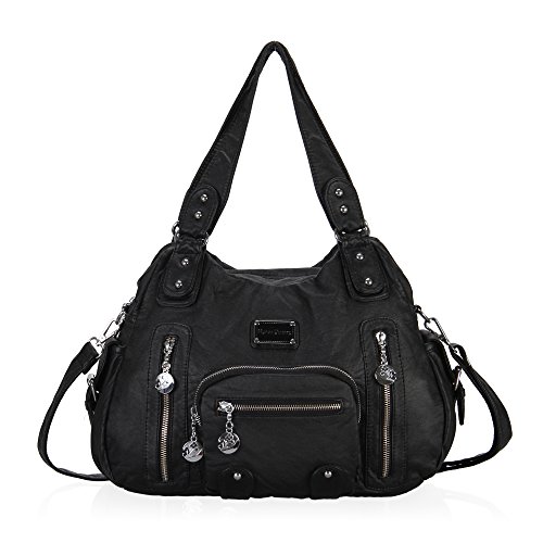 Veevan Bolso al Hombro de Piel Lavada para Mujeres(Negro)
