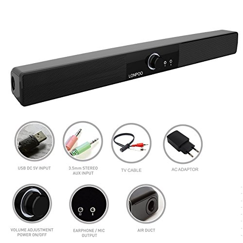 LONPOO Barra de sonido envolvente negra. Potencia 10W con Mini USB y...