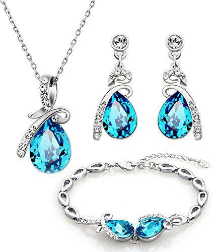 NEOGLORY Conjunto de Joya Collar Pulsera Pendientes con GENUINOS CRISTALES SWAROVSKI AZULES...