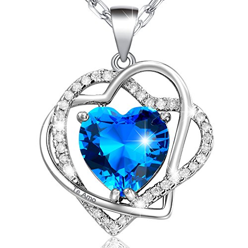 MARENJA Cristal-Collar para Mujer Doble Corazón Entrelazado con Corazón en Cristal Azul-Grabado...